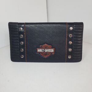Harley Davidson Bi-fold Black Leather Wallet Check Book Holder Moto Biker Street